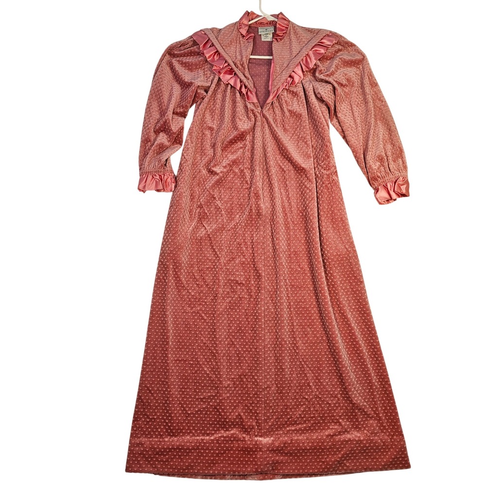 Gilligan O'Malley Vintage Pink Velvet Ruffle Maxi Robe Nightgown XS 4-6 USA Made